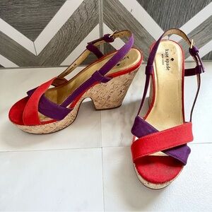 Kate Spade Penny Sandals Wedge Block Heels color block Red Purple Cork size 9
